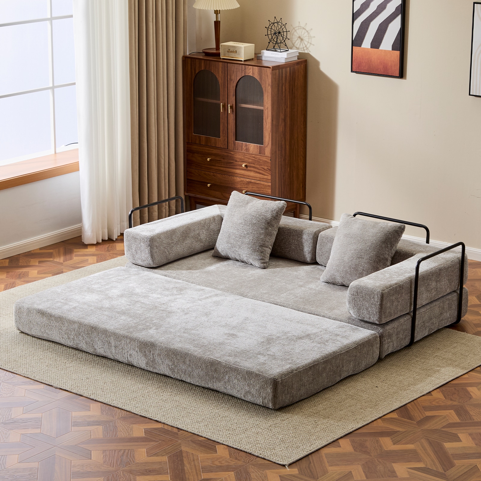 Floor Couch,Compression Sofa,Convertible Floor Sofa Bed-with Pillow Back Support Armrest,Comfy Futon Couch Lounge Sleeper Bed (Light-Grey)_voghion.com
